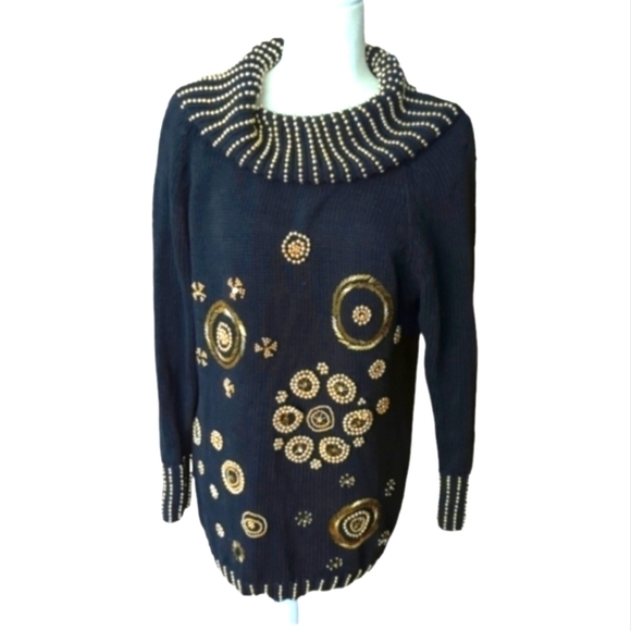 Vtg 80s black knit gold beads "Dynasty" style cotton tunic cowl sweater sz S - Picture 2 of 16